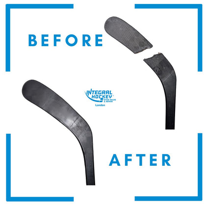 Before and after: blade, split at the toe, repaired in the London shop.