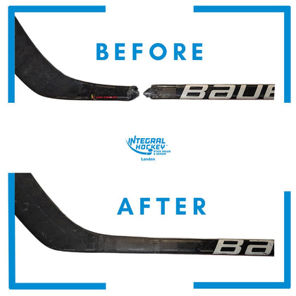 Before and after: hosel, broken low, repaired in the London shop.