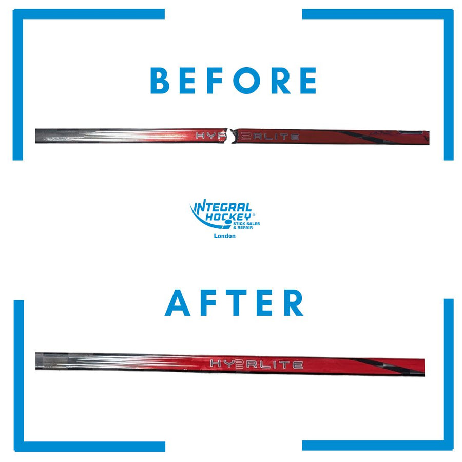 The same carbon shaft photographed before and after repair: snapped clean in two, then rebuilt.